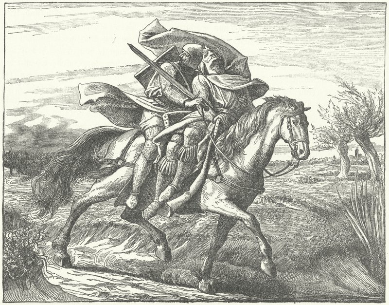 Un cavaliere tedesco porta in salvo Valdemaro II di Danimarca dopo la sua sconfitta nella battaglia di Bornhöved da German School