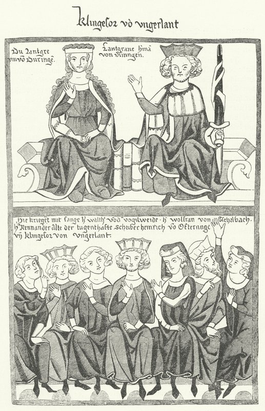 Una rappresentazione del Sangerkrieg, un concorso tra menestrelli al castello di Wartburg in Turingia nel 1207, dal Codex Manesse (incisione) da German School
