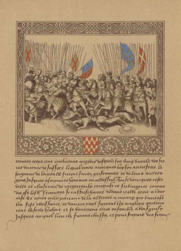 Pagina da un manoscritto francese del XVI secolo che raffigura una scena dalle Cronache di Froissart da German School