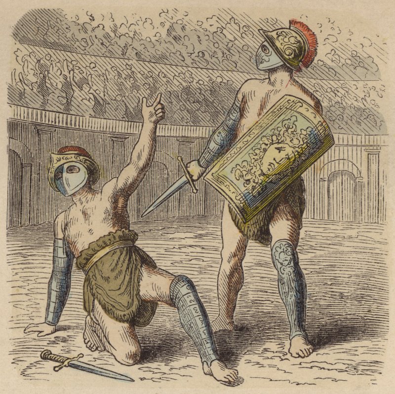 Gladiatore romano ferito che implora la folla per la sua vita da German School