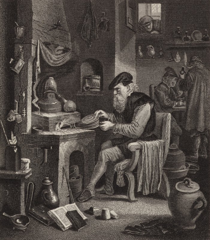 Alchimista al lavoro. Illustrazione per Bilder-Atlas (incisione) da German School