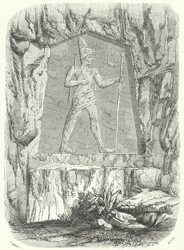 Rilievo egizio antico che si pensa raffiguri il faraone Sesostri o Ramses II da German School