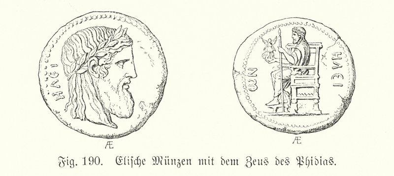 Monete greche antiche da Elis con immagini dello Zeus di Fidia da German School
