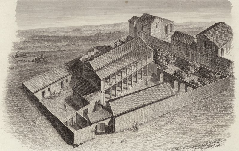 Case greche antiche a Moudleja, Siria. Illustrazione per Bilder-Atlas da German School
