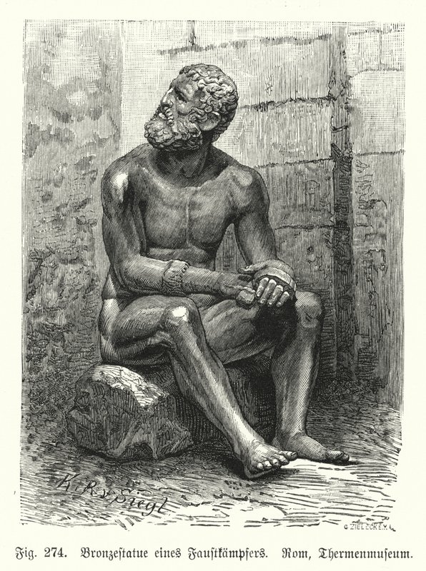 Statua in bronzo greca o romana di un pugile seduto da German School