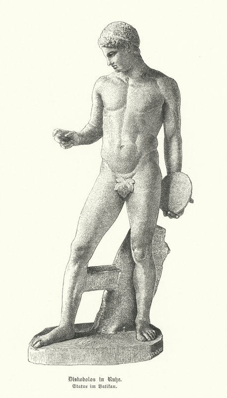 Statua greca antica di un lanciatore di disco a riposo da German School