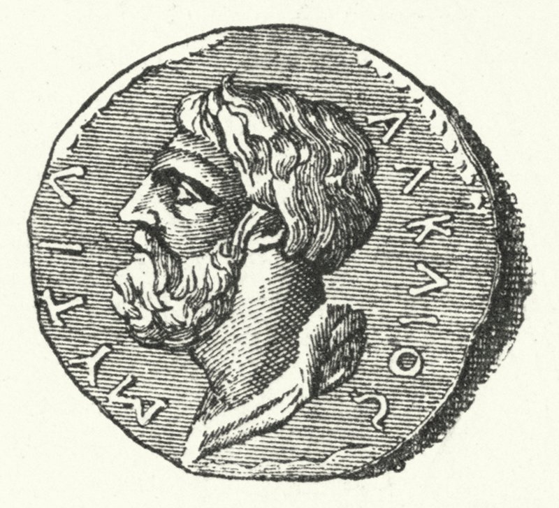 Antica moneta che mostra la testa del poeta greco Alceo di Mitilene da German School