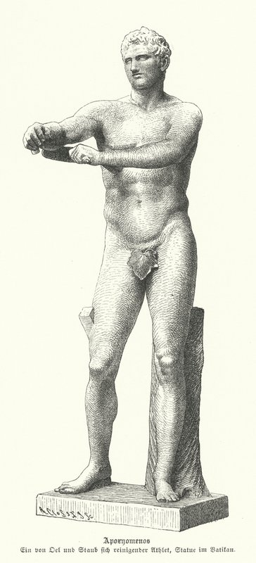 Apoxyomenos, statua di un atleta che raschia sudore e polvere dal suo corpo con uno strigile (incisione) da German School