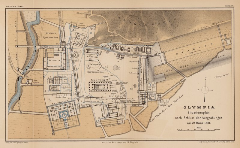 Mappa archeologica di Olimpia (incisione) da German School