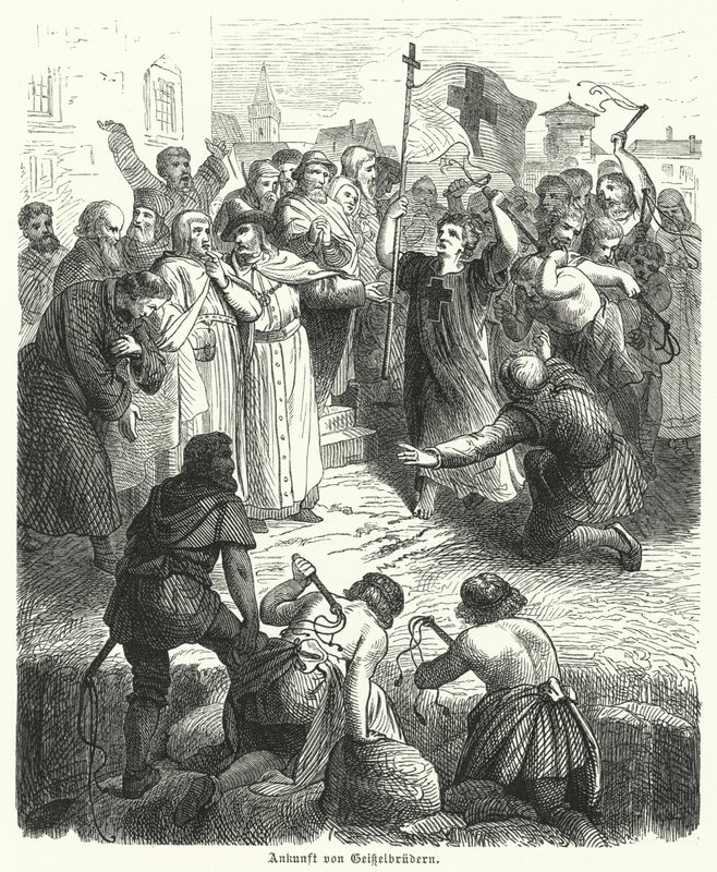 Arrivo di una processione di flagellanti (incisione) da German School