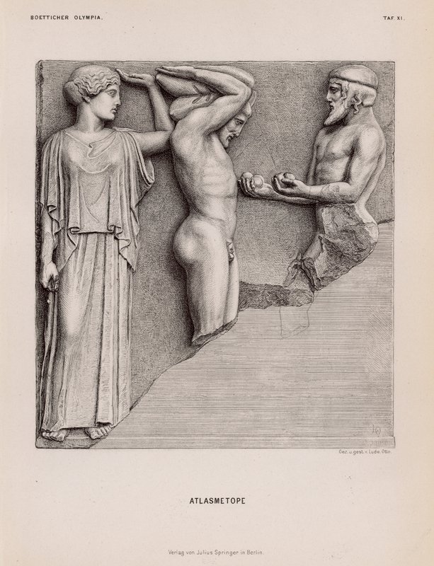 Atlante porta a Eracle le mele delle Esperidi alla presenza di Atena, metopa dal Tempio di Zeus, Olimpia, Grecia da German School