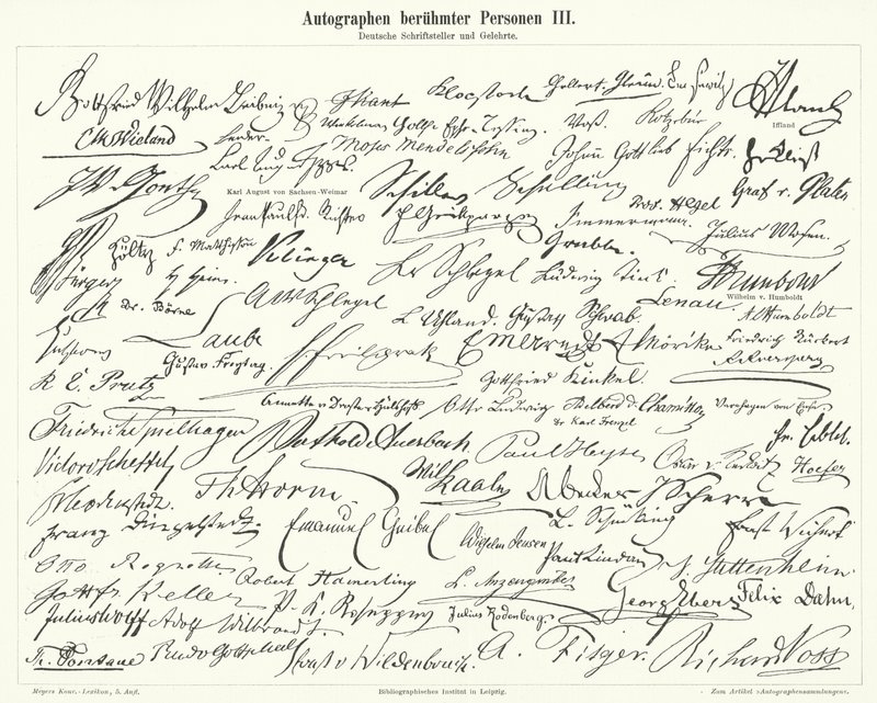 Autografi di persone famose: scrittori e scienziati tedeschi (incisione) da German School