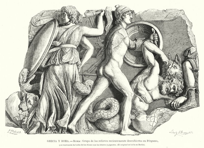 Battaglia tra Dei e Titani e giganti, rilievo greco antico da Pergamo da German School