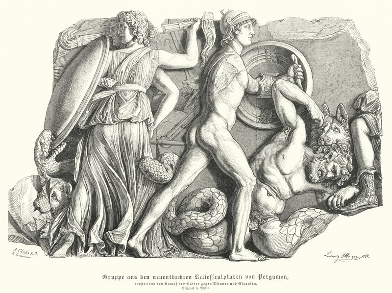 Battaglia tra Dei e Titani e giganti, rilievo greco antico da Pergamo da German School