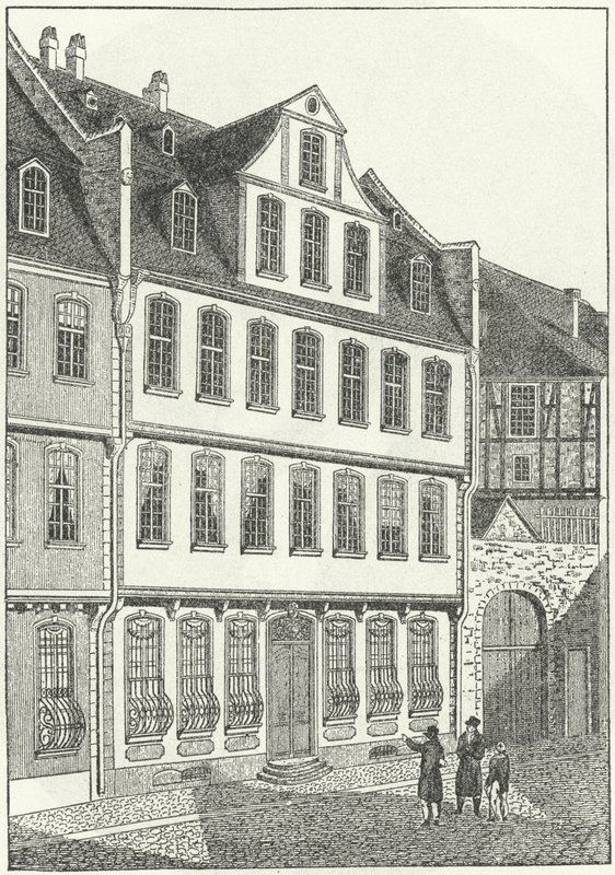 Luogo di nascita dello scrittore e statista tedesco Johann Wolfgang von Goethe, Francoforte, Germania (incisione) da German School
