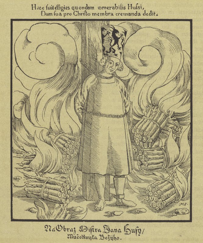 Il riformatore cristiano boemo Jan Hus bruciato sul rogo, Costanza, 6 luglio 1415 da German School
