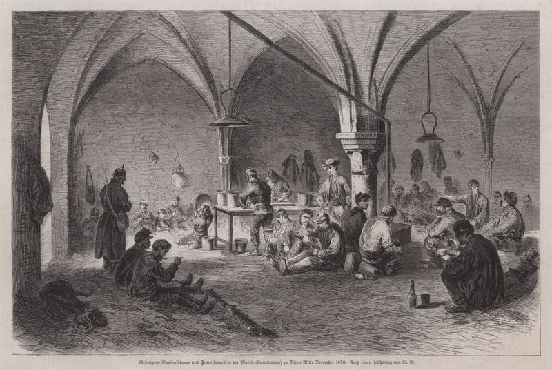 Garibaldini catturati e franc-tireurs francesi nel municipio di Digione, Francia, Guerra Franco-Prussiana, metà dicembre 1870 da German School