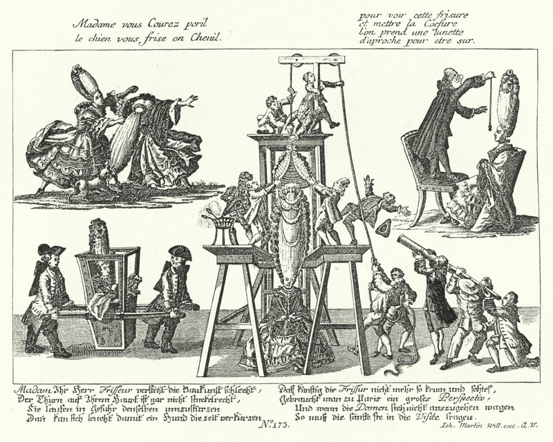 Caricatura sulle parrucche eccessivamente alte indossate dalle donne alla moda nel XVIII secolo da German School