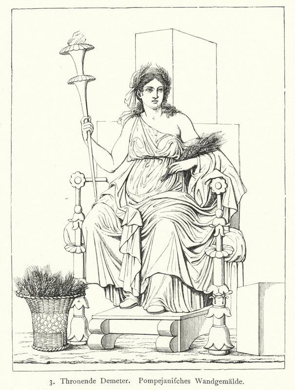 Cerere, dea romana del raccolto, in trono, affresco da Pompei (incisione) da German School