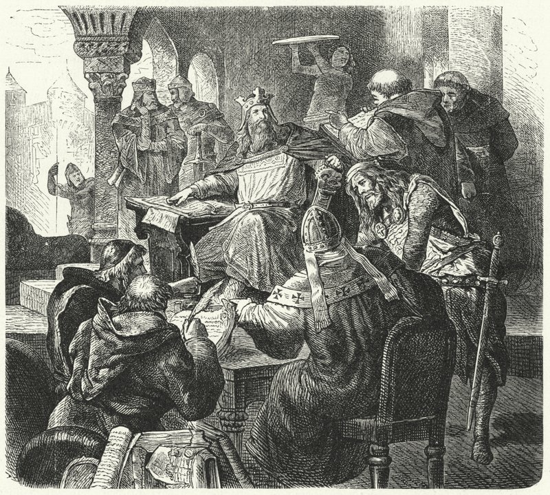 Carlo Magno consulta studiosi e clero (incisione) da German School