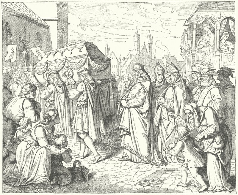 Carlo IV di Boemia segue il corteo funebre di Gunther von Schwarzburg, re di Germania da German School
