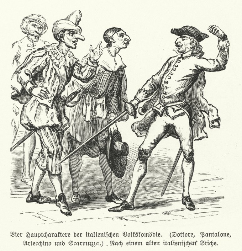 Dottore, Pantalone, Arlecchino e Scaramuccia, quattro personaggi della Commedia dell