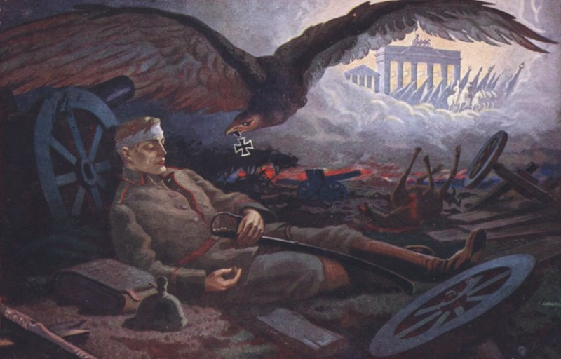 Adler überreicht das Eiserne Kreuz an einen gefallenen deutschen Soldaten auf dem Schlachtfeld von German School