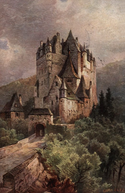 Castello di Eltz, Valle della Mosella, Germania (litografia a colori) da German School