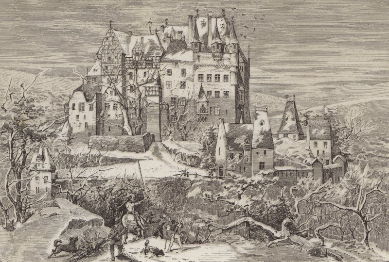 Castello di Eltz, nelle colline sopra il fiume Mosella, Germania, come appariva alla fine del XVI secolo da German School