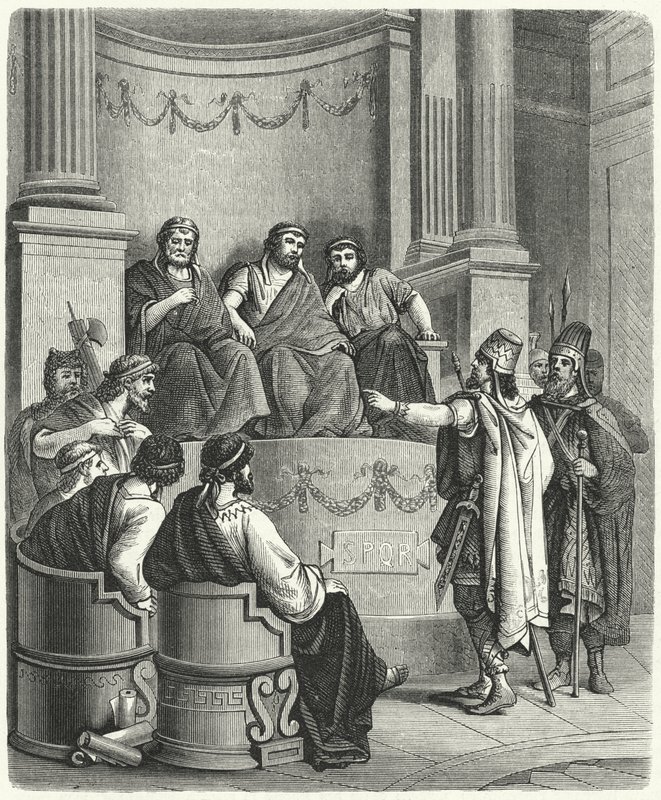 Emissari di Eumene II di Pergamo davanti al Senato Romano (incisione) da German School