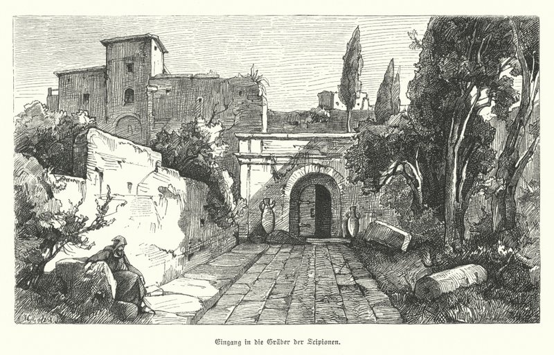 Ingresso alla Tomba degli Scipioni, Roma (incisione) da German School