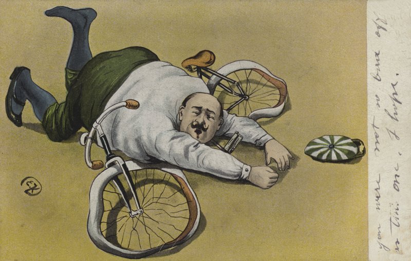 Uomo grasso, caduto dalla sua bicicletta (litografia a colori) da German School