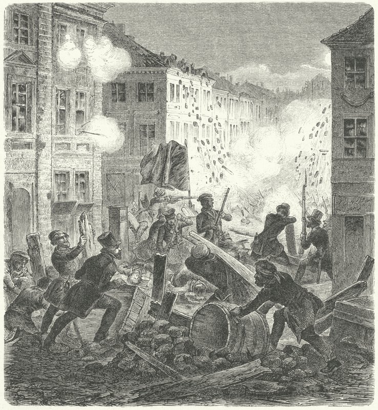 Combattimenti a una barricata davanti al Municipio di Colln, Berlino, Rivoluzione del 1848 (incisione) da German School