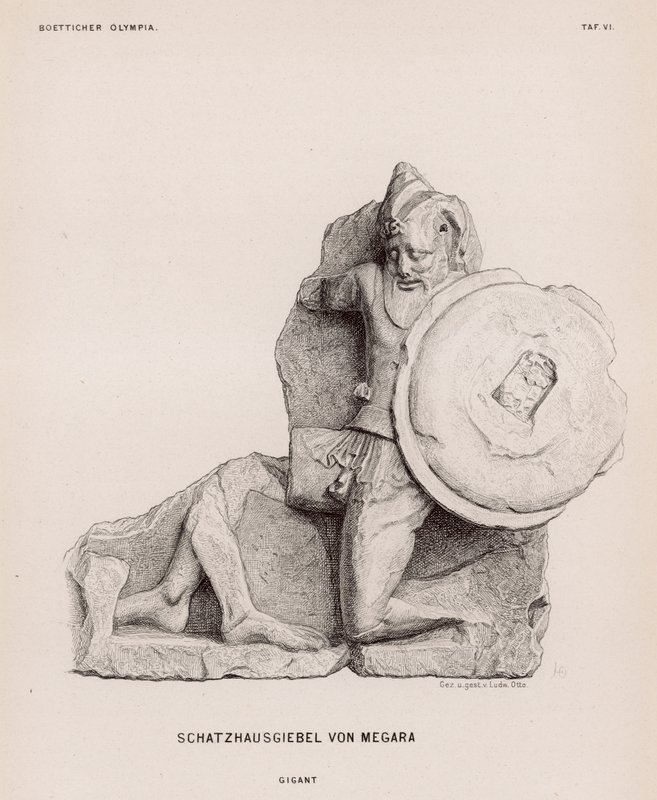 Figura di un gigante dal frontone del Tesoro di Megara, Olimpia, Grecia da German School
