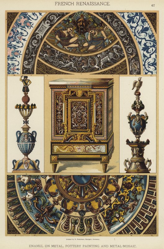 Rinascimento francese, smalto su metallo, pittura su ceramica e mosaico metallico da German School