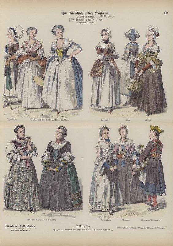 Costumi borghesi francesi e tedeschi, fine XVIII secolo (incisione colorata) da German School