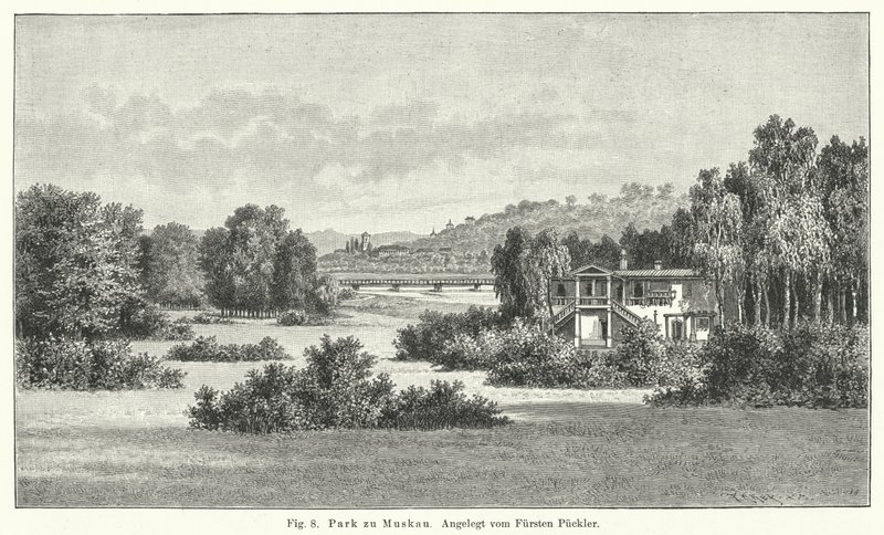 Progettazione del giardino: Parco Muskau, Germania, progettato dal principe Hermann von Pueckler-Muskau (incisione) da German School