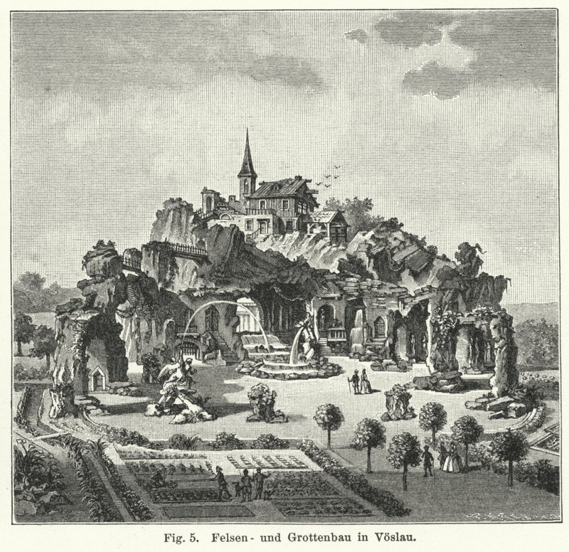 Progettazione del giardino: montagna della grotta nel giardino del conte Johann von Fries, Voslau, Austria da German School