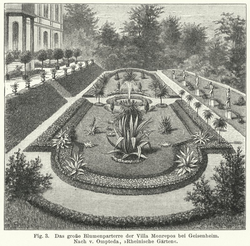 Progettazione del giardino: grande parterre a Monrepos, tenuta del banchiere e astronomo dilettante Heinrich Eduard von Lade, Geisenheim, Germania (incisione) da German School