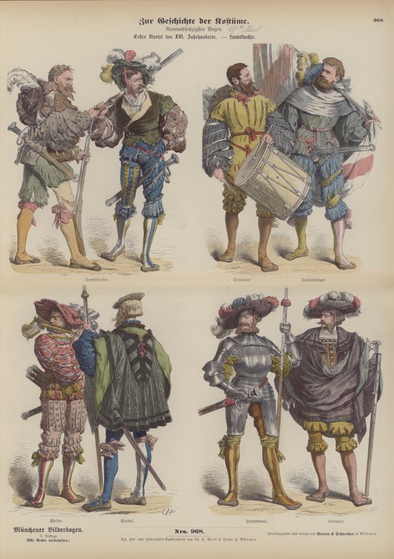 Landsknechte tedeschi (soldati mercenari), inizio XVI secolo (incisione colorata) da German School
