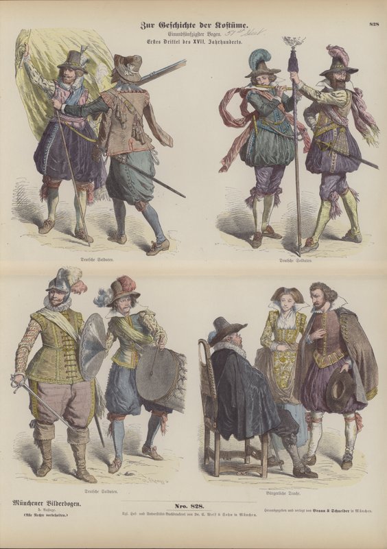 Costumi militari e borghesi tedeschi, inizio XVII secolo (incisione colorata) da German School