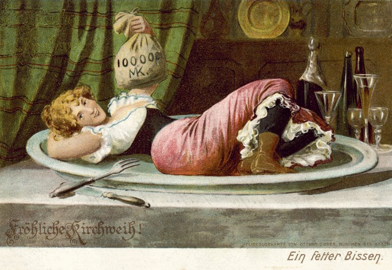 Ragazza sdraiata in modo seducente su un piatto con in mano una borsa di denaro (litografia a colori) da German School