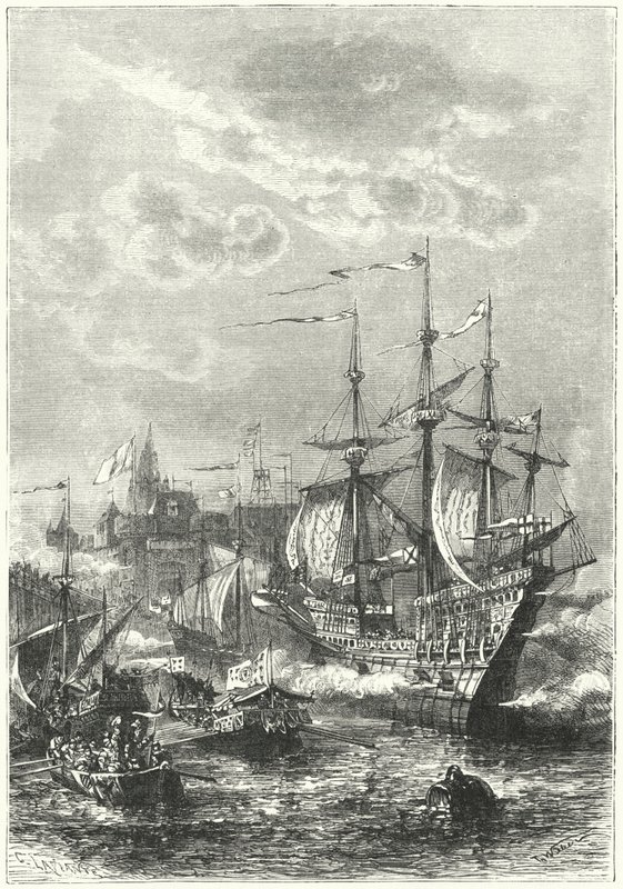 Enrico VIII e la flotta inglese che sbarcano a Calais da German School