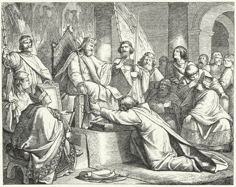Enrico il Leone, Duca di Sassonia, che si sottomette a Federico Barbarossa a Erfurt da German School