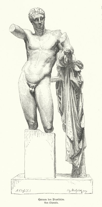 Ermes e il piccolo Dioniso, statua dello scultore greco antico Prassitele scoperta nelle rovine del Tempio di Hera, Olimpia da German School