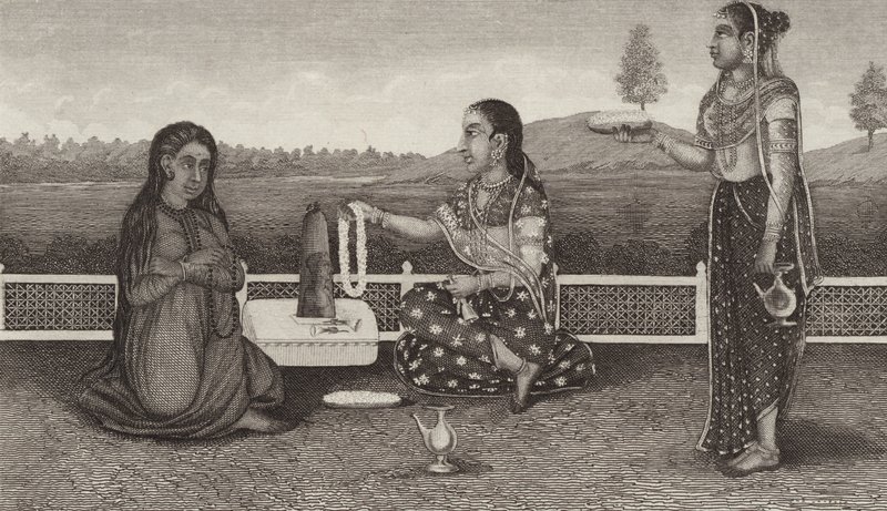 Venerazione indù dei morti, India. Illustrazione per Bilder-Atlas da German School