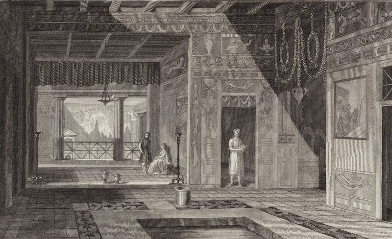 Interno di una casa romana a Pompei. Illustrazione per Bilder-Atlas da German School