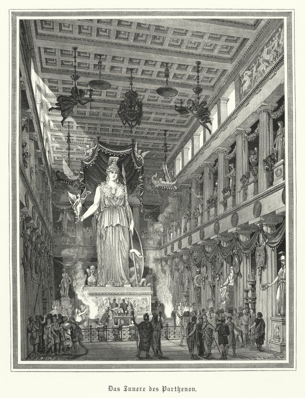 Interno del Partenone, Atene, con la statua colossale della dea greca Atena da German School