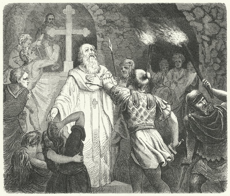 Interruzione di un servizio cristiano nelle catacombe romane (incisione) da German School