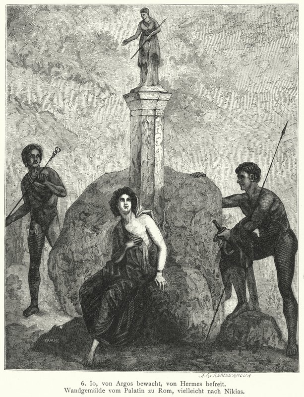 Io, sorvegliata da Argo Panoptes per ordine della dea Hera, osservata da Ermes, inviato da Zeus per rapirla, affresco romano da German School